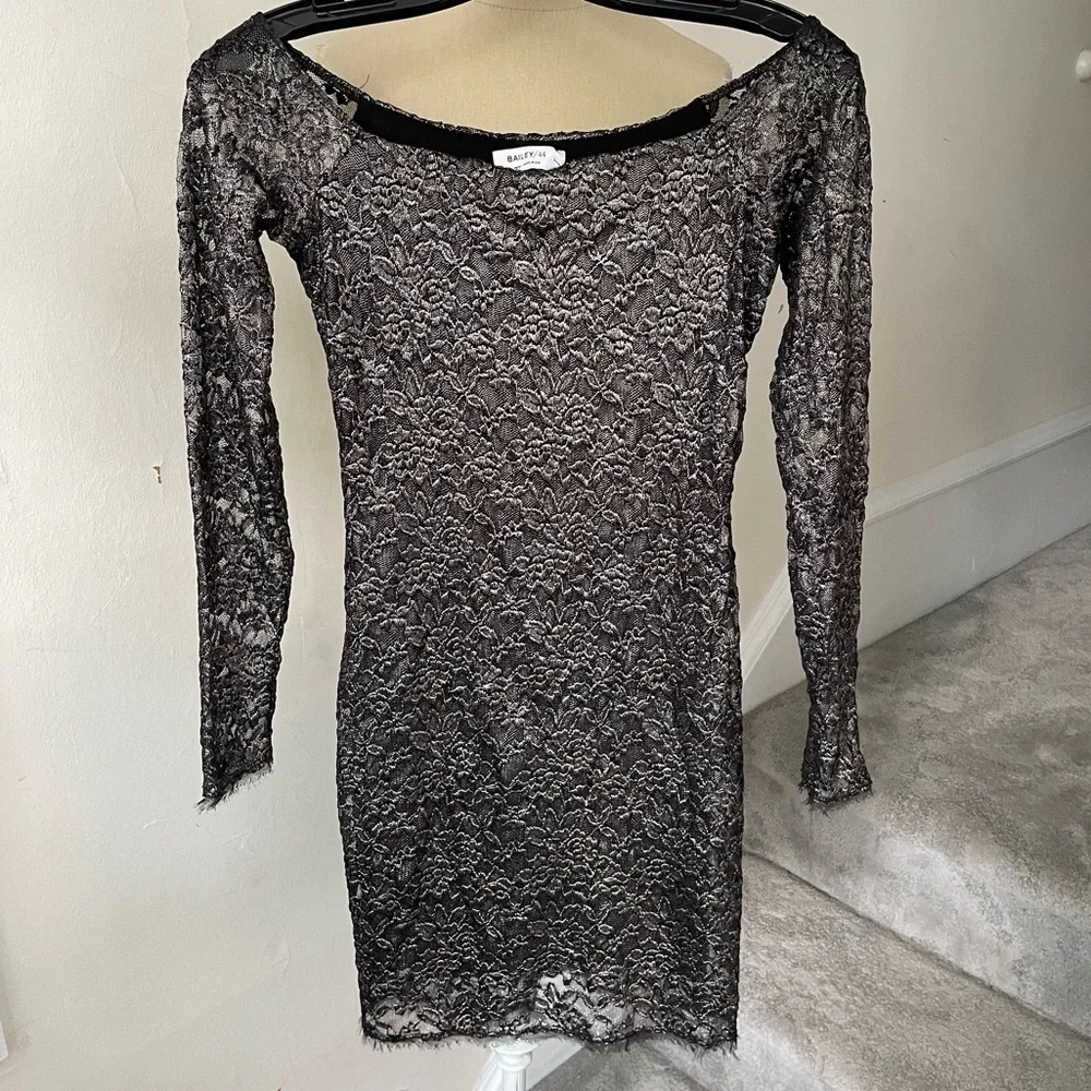 Bailey 44 Bronze Black Long Sleeve Off the Shoulder Lace Double Exposure Dress